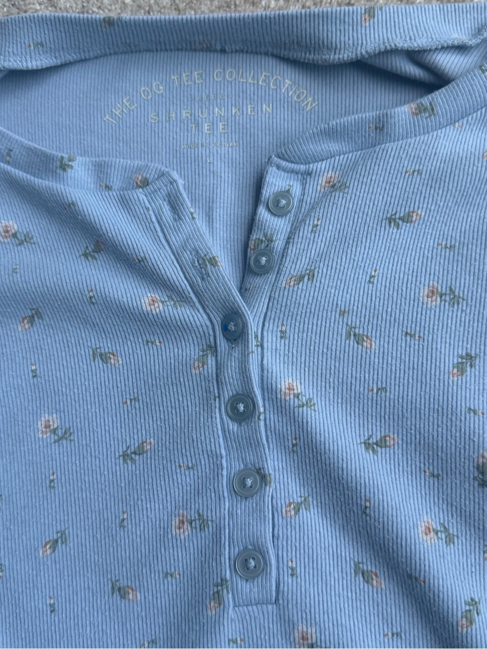 Light Blue Floral Henley Long Sleeve Tee by - Picture 2 of 4